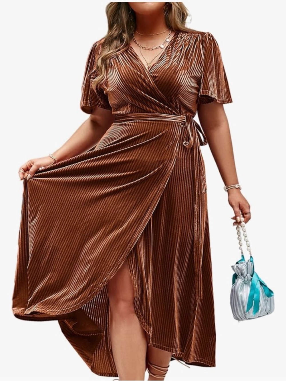 Velvet V Neck Wrap Front Midi Dress